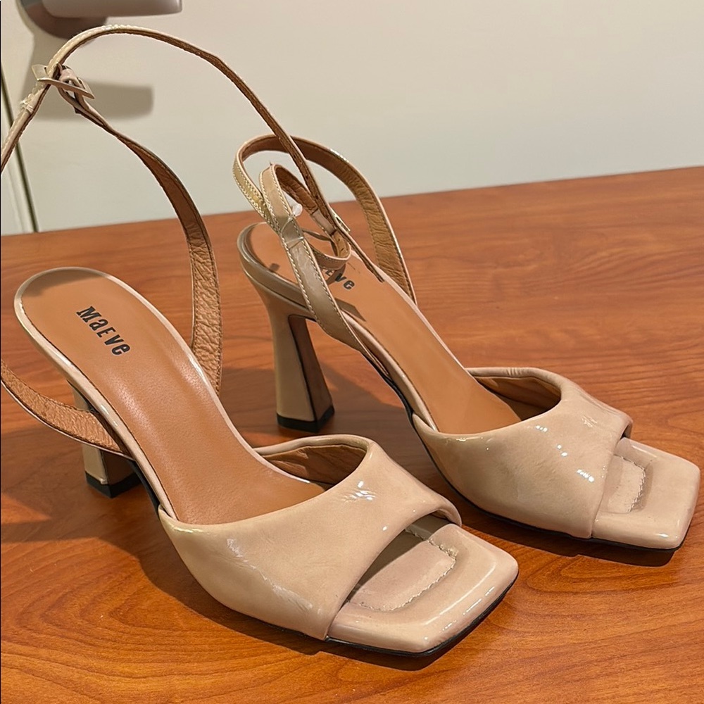 Maeve Nude Patent Slingback Block Heel Sandals